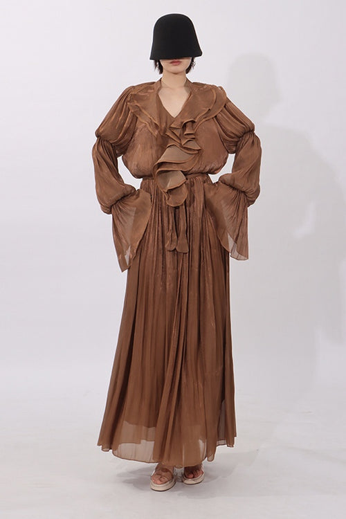 Celeste Ruffle V Neck Shimmer Maxi Dress