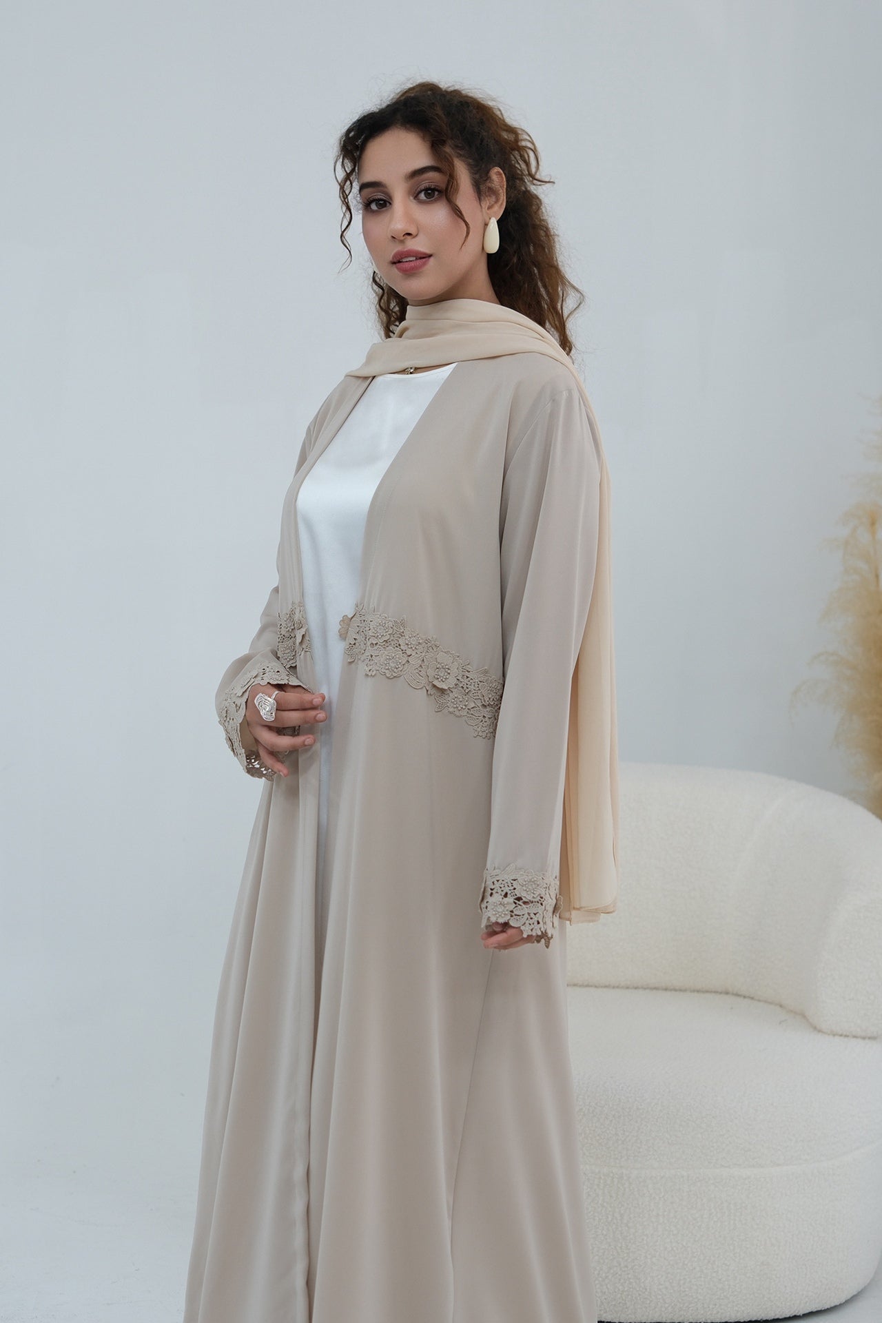 Aisha Lace Trim Open Front Maxi Abaya-Grey