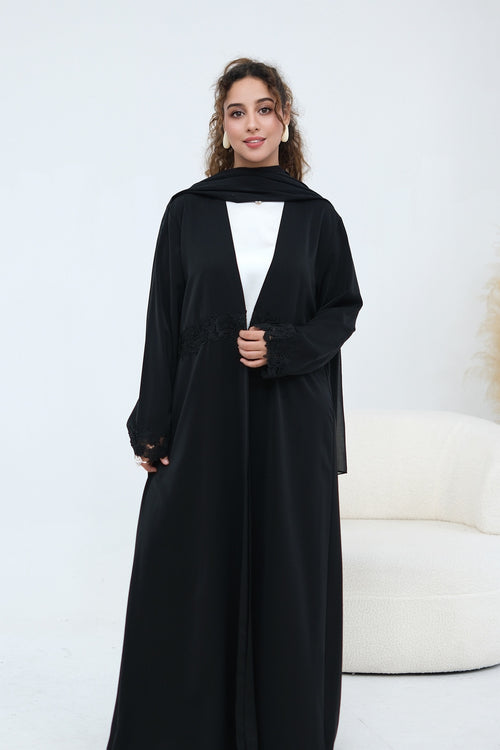 Aisha Lace Trim Open Front Maxi Abaya-Black