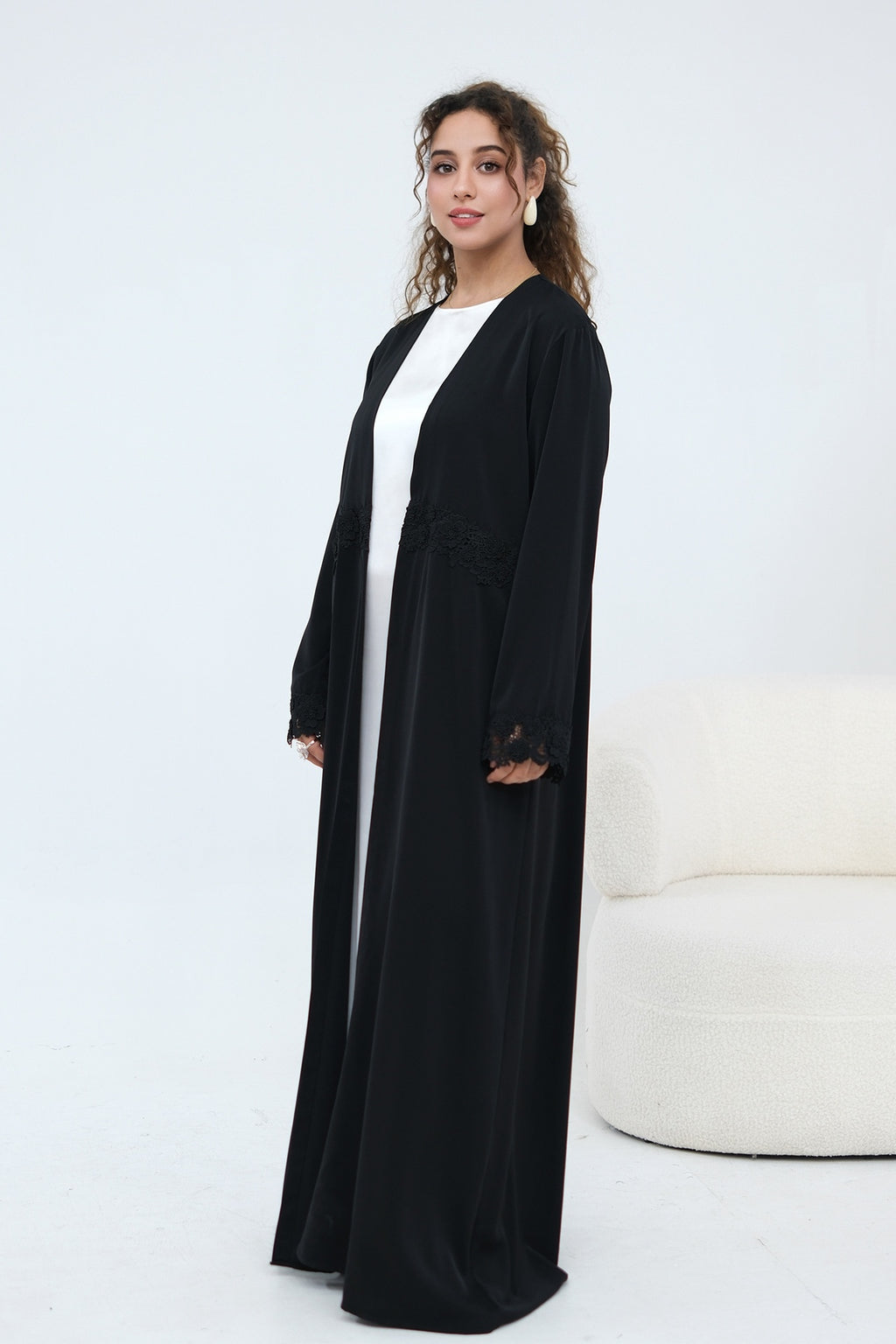 Aisha Lace Trim Open Front Maxi Abaya-Black