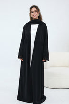 Aisha Lace Trim Open Front Maxi Abaya-Black