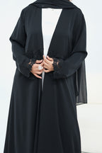 Aisha Lace Trim Open Front Maxi Abaya-Black