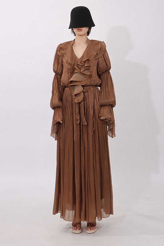 Celeste Ruffle V Neck Shimmer Maxi Dress