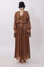Celeste Ruffle V Neck Shimmer Maxi Dress