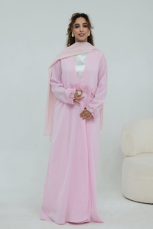 Aisha Lace Trim Open Front Maxi Abaya-Pink