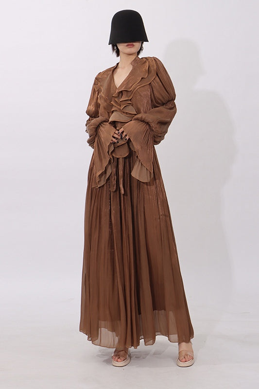 Celeste Ruffle V Neck Shimmer Maxi Dress