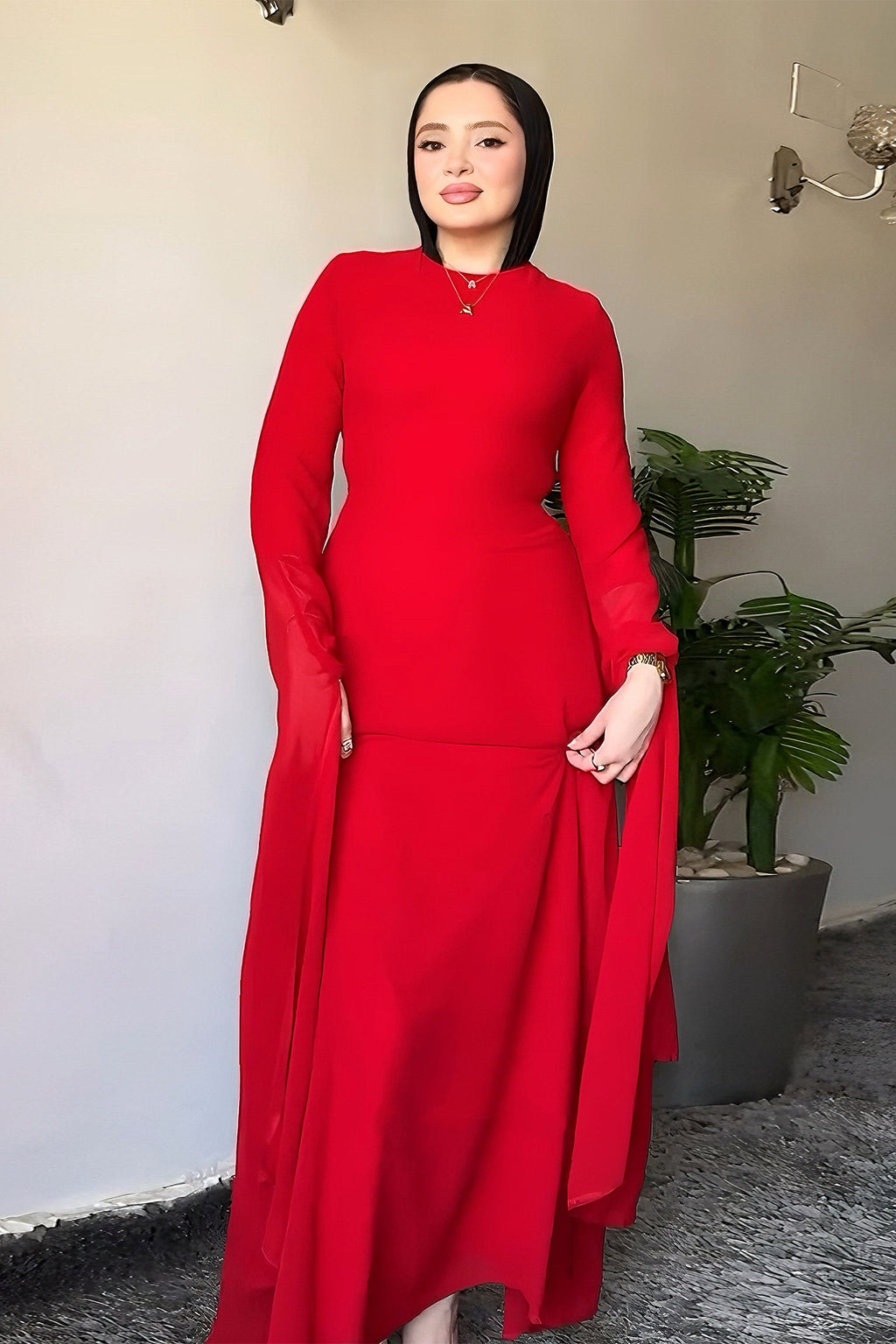 Nur Round Neck Streamer Sleeve Maxi Dress-Red
