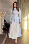 Elena Structured Shoulder Layered Pleat Midi Dress