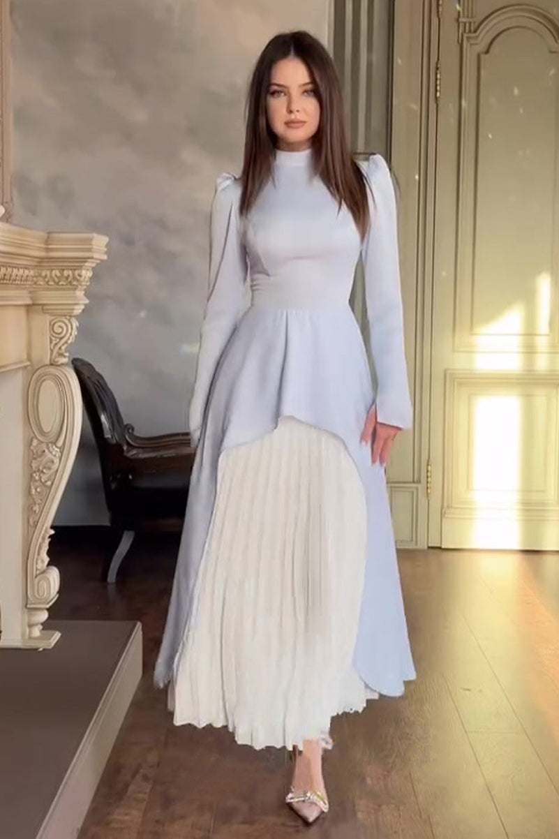 Elena Structured Shoulder Layered Pleat Midi Dress