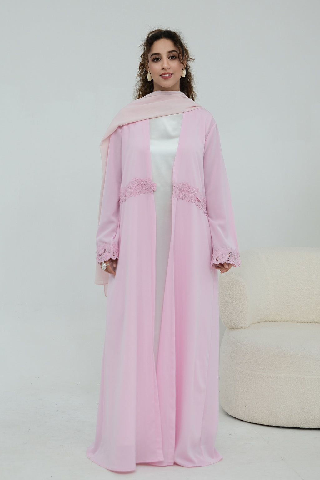 Aisha Lace Trim Open Front Maxi Abaya-Pink