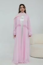 Aisha Lace Trim Open Front Maxi Abaya-Pink