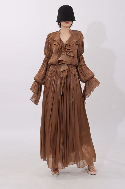 Celeste Ruffle V Neck Shimmer Maxi Dress