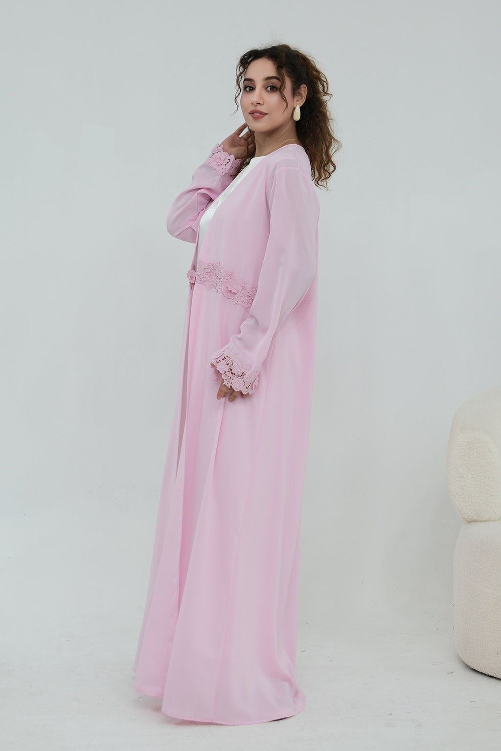 Aisha Lace Trim Open Front Maxi Abaya-Pink