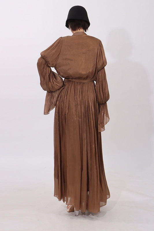 Celeste Ruffle V Neck Shimmer Maxi Dress