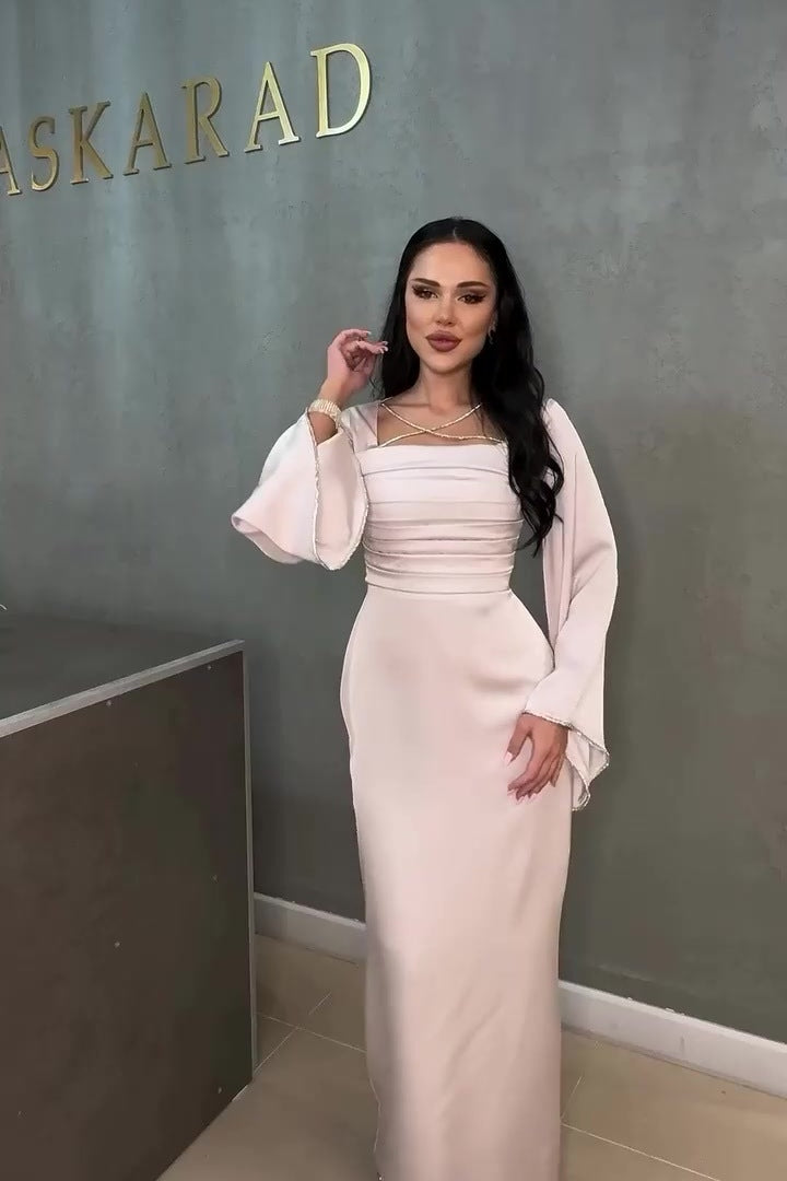 Layla Crystal Strap Flare Sleeve Midi Dress-Pink