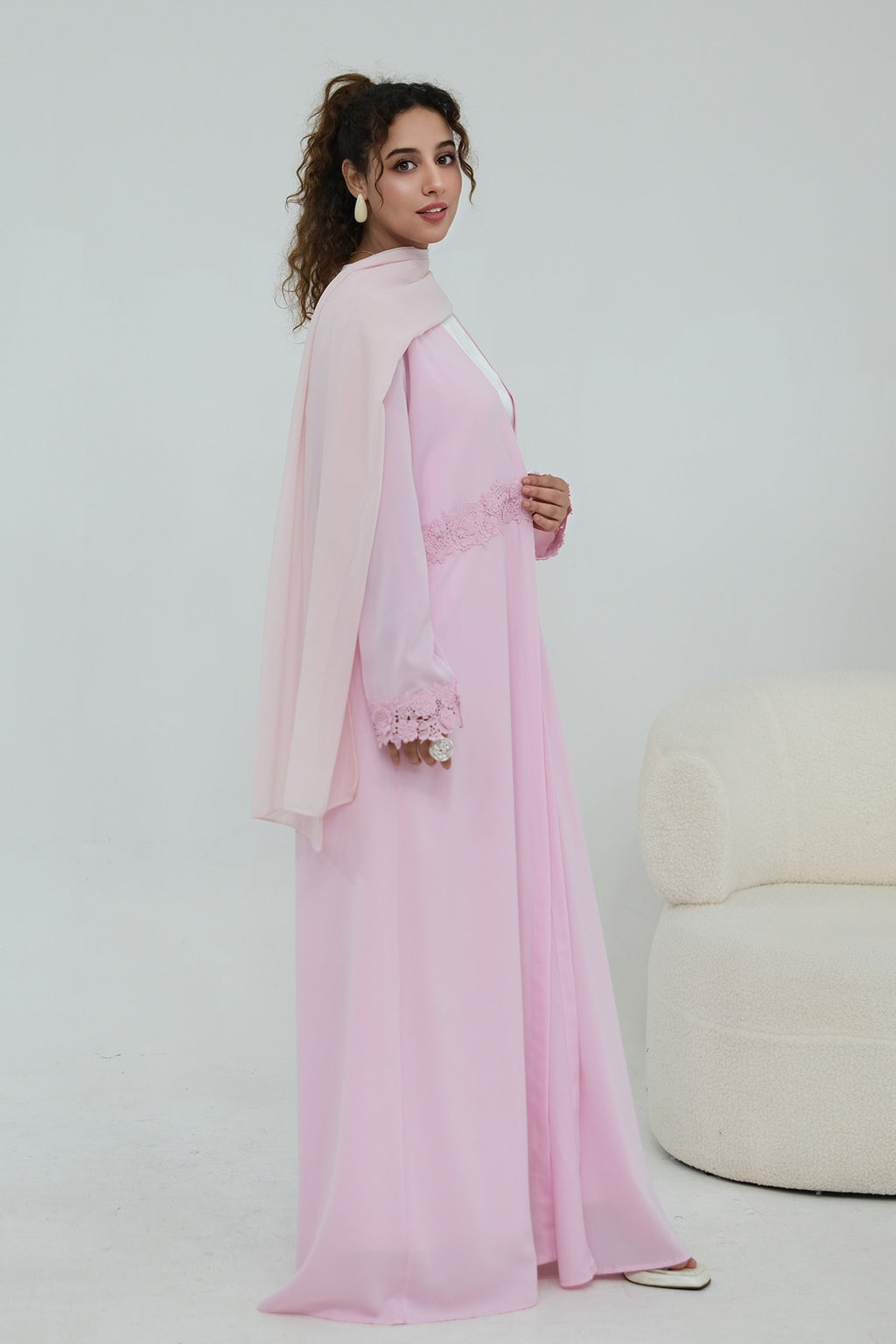 Aisha Lace Trim Open Front Maxi Abaya-Pink