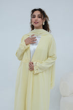 Aisha Lace Trim Open Front Maxi Abaya-Yellow