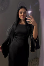 Layla Crystal Strap Flare Sleeve Midi Dress-Black