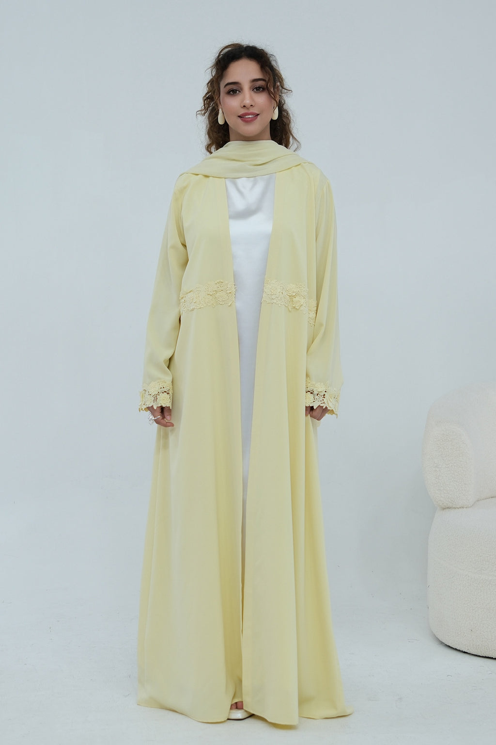 Aisha Lace Trim Open Front Maxi Abaya-Yellow