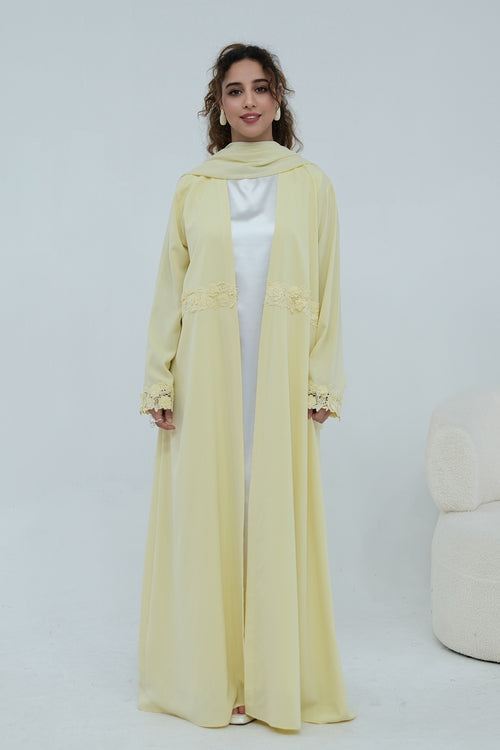 Aisha Lace Trim Open Front Maxi Abaya-Yellow