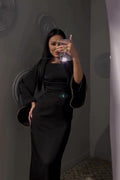 Layla Crystal Strap Flare Sleeve Midi Dress-Black