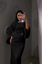 Layla Crystal Strap Flare Sleeve Midi Dress-Black
