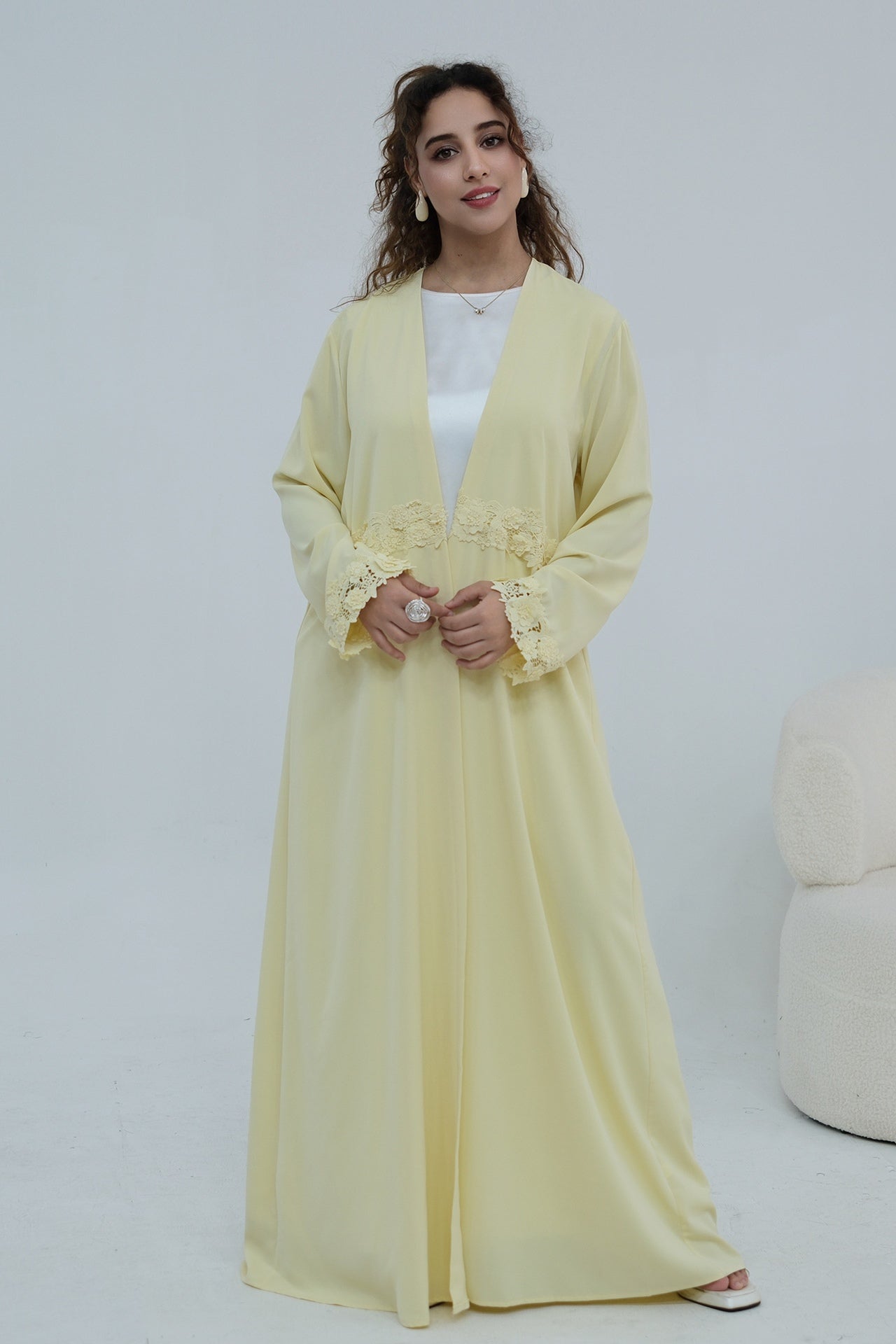 Aisha Lace Trim Open Front Maxi Abaya-Yellow