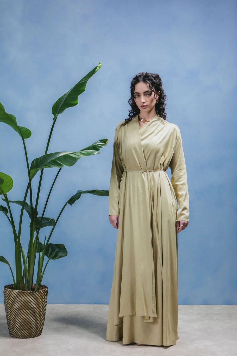Amira Minimalist Wrapped Front Silk-Texture Flowing Abaya