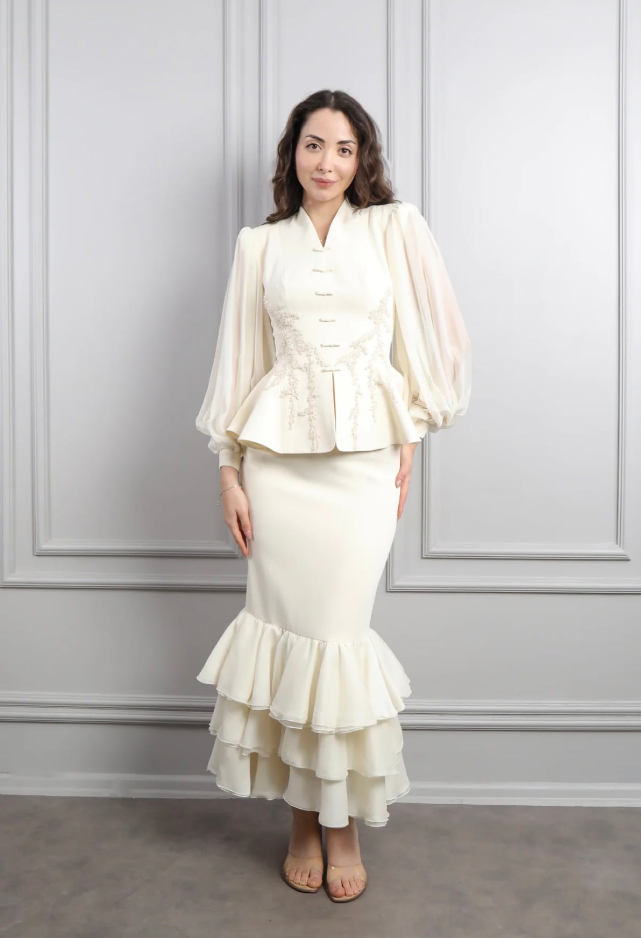 Hana Frog Button Lace Peplum Skirt Set-Apricot