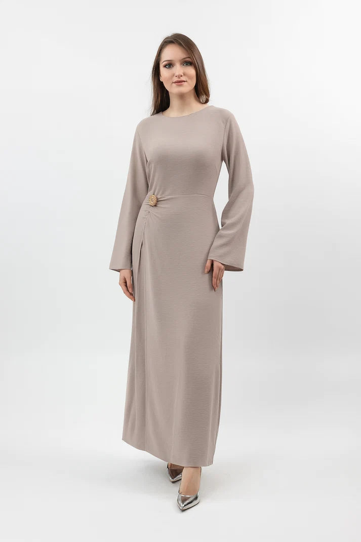 Sara Brooch Waist Tie Maxi Dress-Taupe