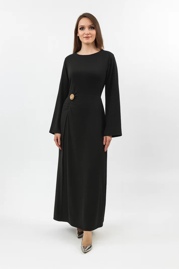 Sara Brooch Waist Tie Maxi Dress-Black