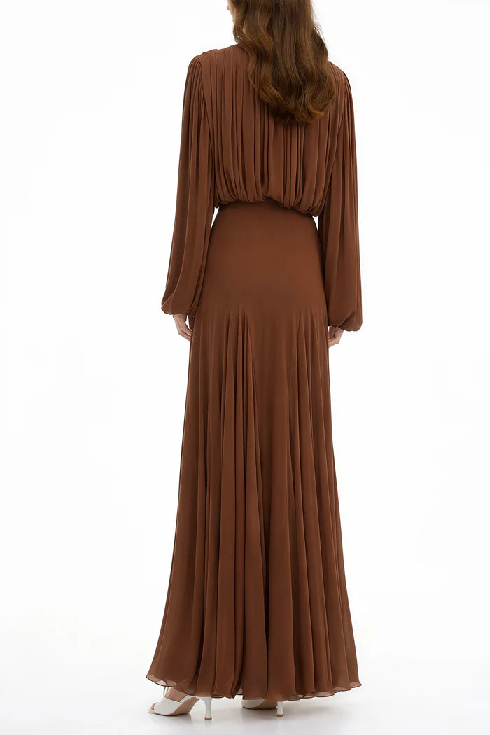Zoe Pleated Chiffon Long Sleeve Maxi Gown-Brown