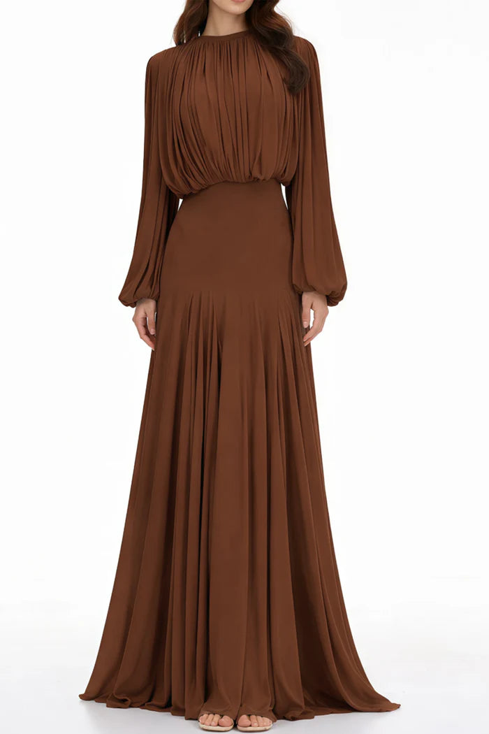 Zoe Pleated Chiffon Long Sleeve Maxi Gown-Brown
