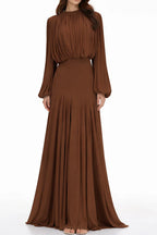 Zoe Pleated Chiffon Long Sleeve Maxi Gown-Brown