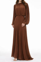 Zoe Pleated Chiffon Long Sleeve Maxi Gown-Brown