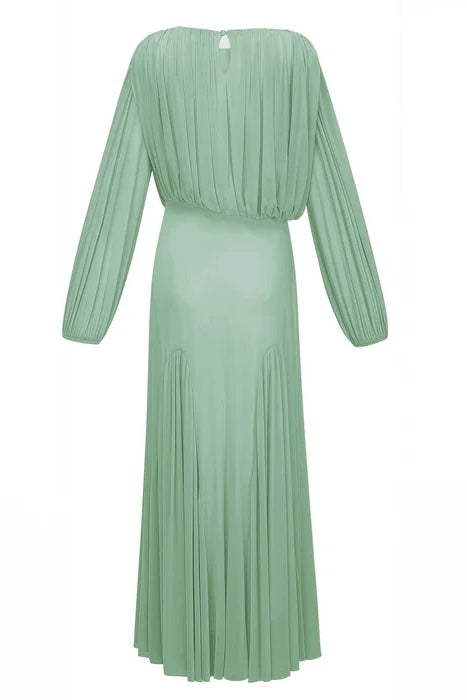 Zoe Pleated Chiffon Long Sleeve Maxi Gown-Green