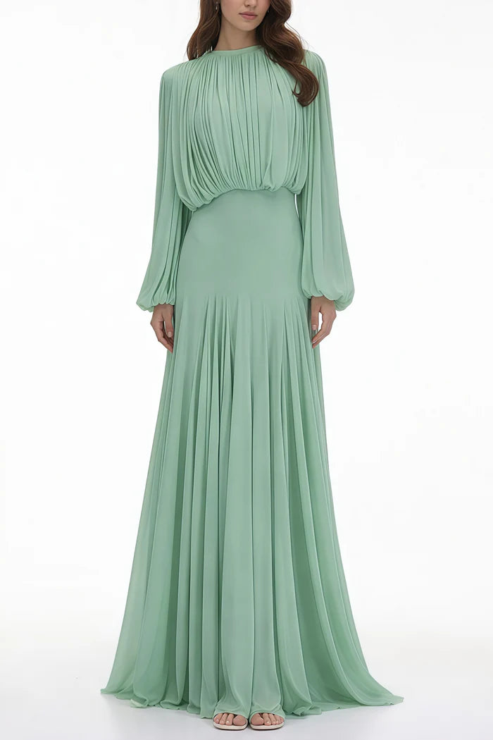 Zoe Pleated Chiffon Long Sleeve Maxi Gown-Green
