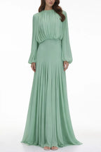 Zoe Pleated Chiffon Long Sleeve Maxi Gown-Green