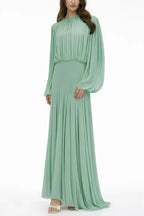 Zoe Pleated Chiffon Long Sleeve Maxi Gown-Green