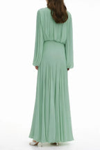 Zoe Pleated Chiffon Long Sleeve Maxi Gown-Green