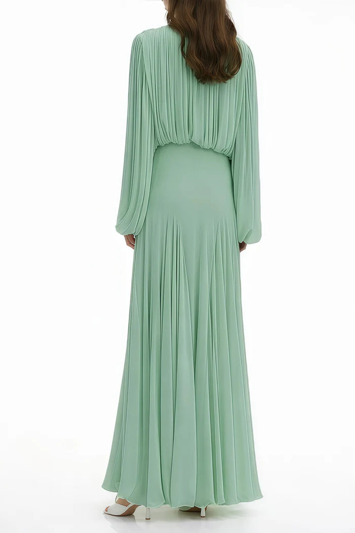 Zoe Pleated Chiffon Long Sleeve Maxi Gown-Green