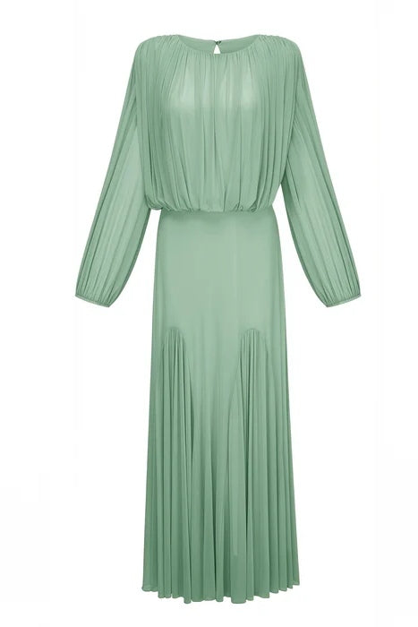 Zoe Pleated Chiffon Long Sleeve Maxi Gown-Green