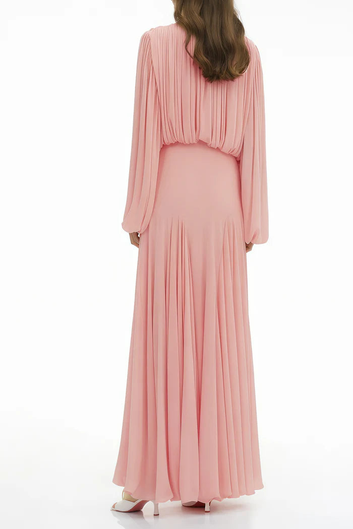Zoe Pleated Chiffon Long Sleeve Maxi Gown-Pink
