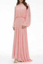 Zoe Pleated Chiffon Long Sleeve Maxi Gown-Pink
