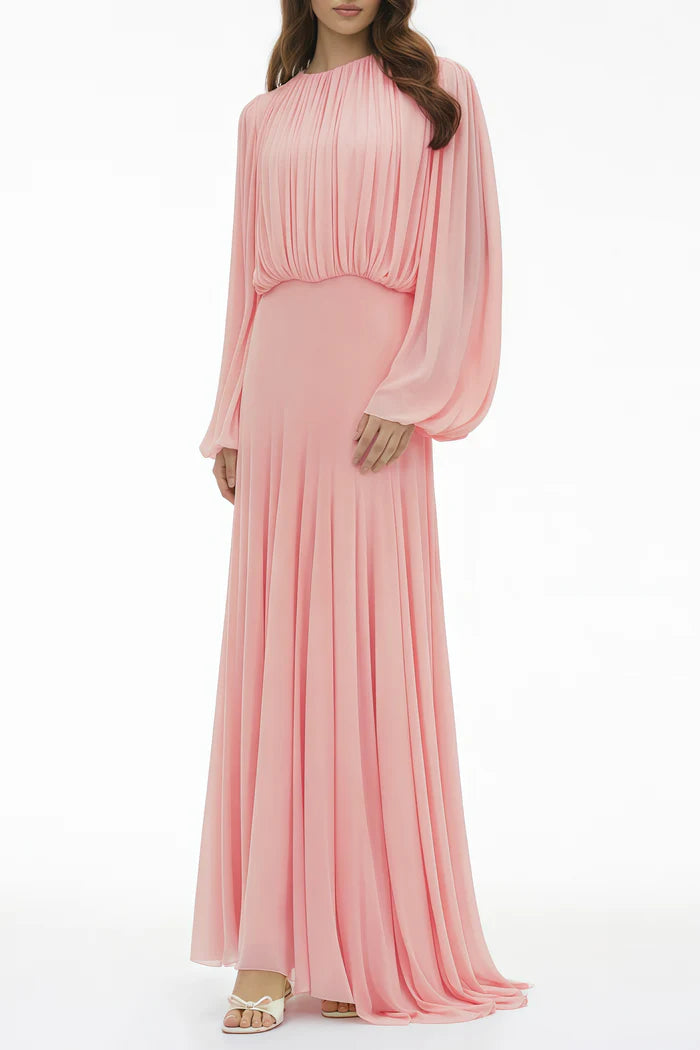 Zoe Pleated Chiffon Long Sleeve Maxi Gown-Pink