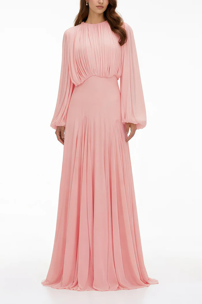 Zoe Pleated Chiffon Long Sleeve Maxi Gown-Pink