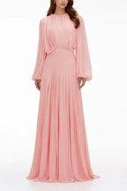 Zoe Pleated Chiffon Long Sleeve Maxi Gown-Pink