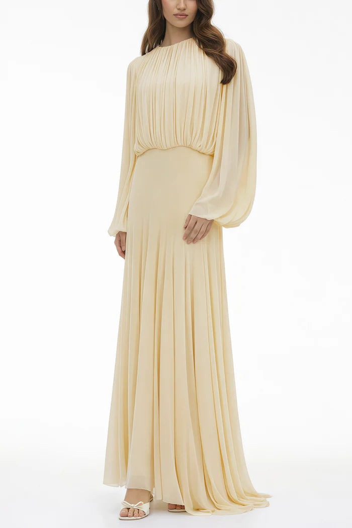 Zoe Pleated Chiffon Long Sleeve Maxi Gown-Yellow