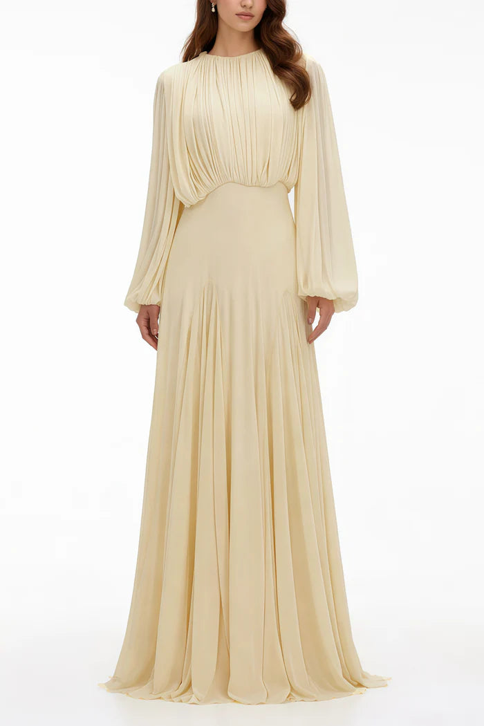 Zoe Pleated Chiffon Long Sleeve Maxi Gown-Yellow