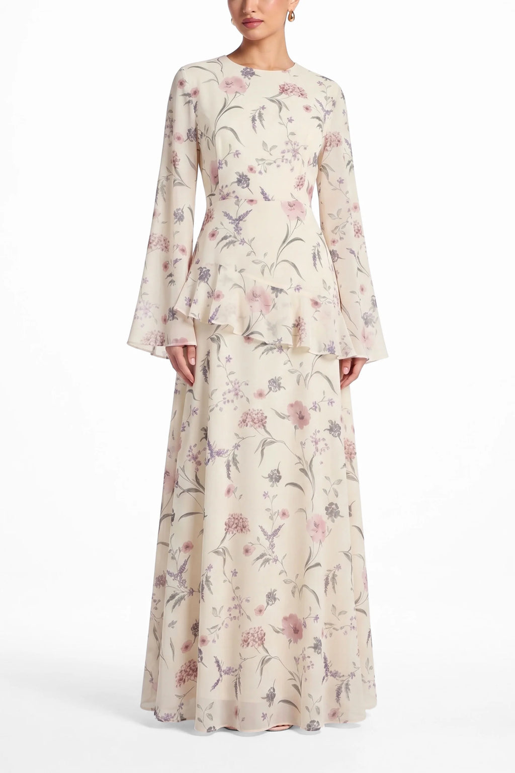 Elegant Luxury Lightweight Long Sleeve Maxi Dress-Floral